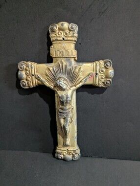Vtg Crucifix Cast Metal 9" Jesus On Cross INRI Wall Hanging Religious Decor
